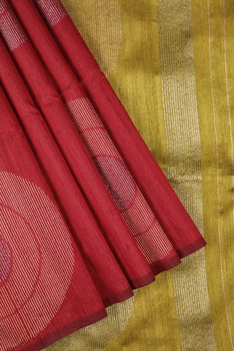 Rose  Red Tussar Saree with Copper Zari Buttis (small Dots Or Motifs) view 1