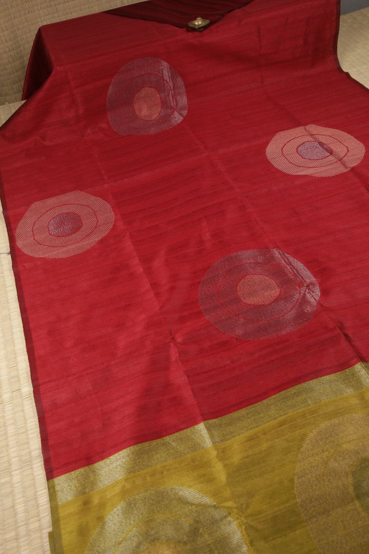 Rose  Red Tussar Saree with Copper Zari Buttis (small Dots Or Motifs) view 2