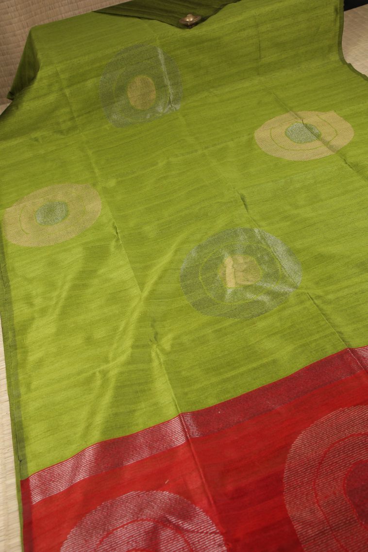 Lime Green Tussar Saree with Gold Zari Buttis (small Dots Or Motifs) view 2