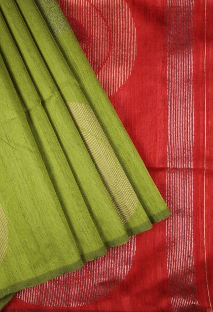 Lime Green Tussar Saree with Gold Zari Buttis (small Dots Or Motifs)