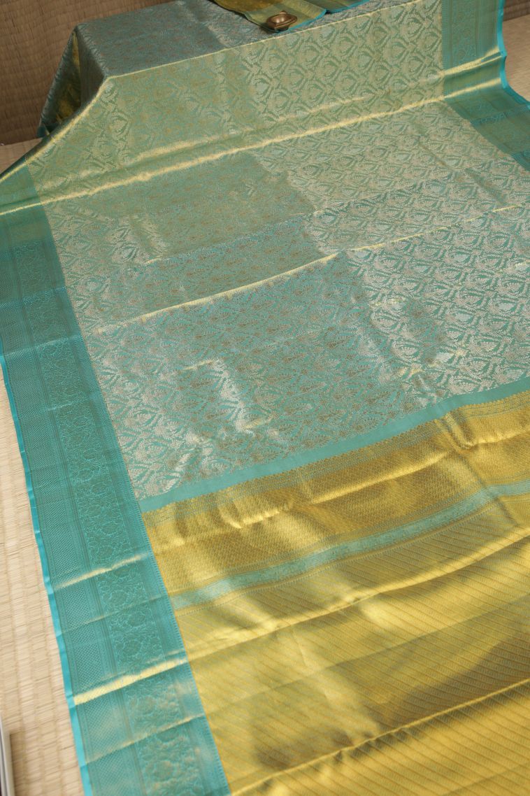 Teal Blue Kanchipuram Silk Sarees with Gold Zari Floral Patterns view 2