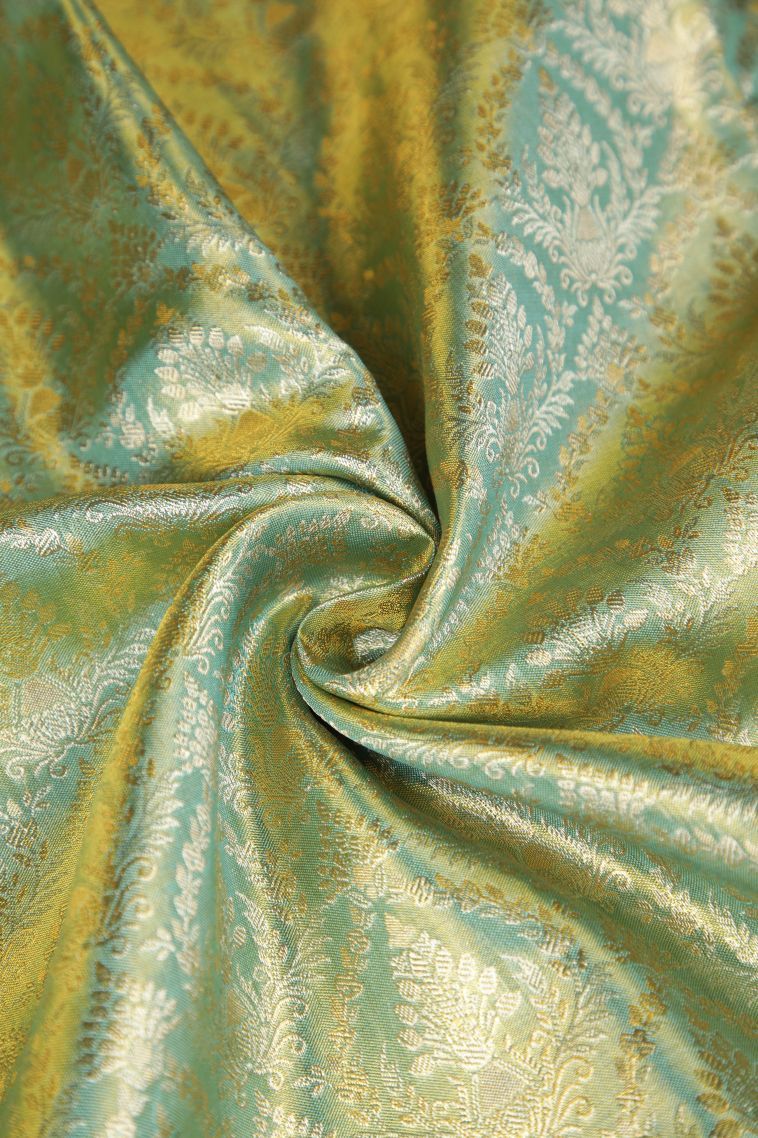 Teal Blue Kanchipuram Silk Sarees with Gold Zari Floral Patterns view 4