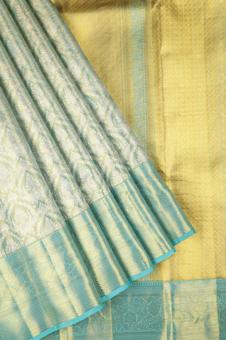 Teal Blue Kanchipuram Silk Sarees with Gold Zari Floral Patterns view 1