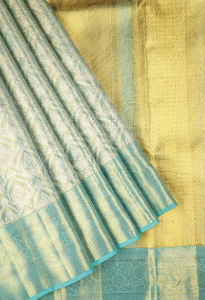 Teal Blue Kanchipuram Silk Sarees with Gold Zari Floral Patterns