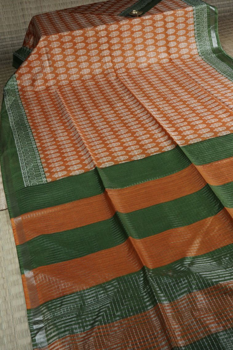 Apricot Orange Chanderi Cotton Sarees with Without Zari Zari Floral Patterns view 2