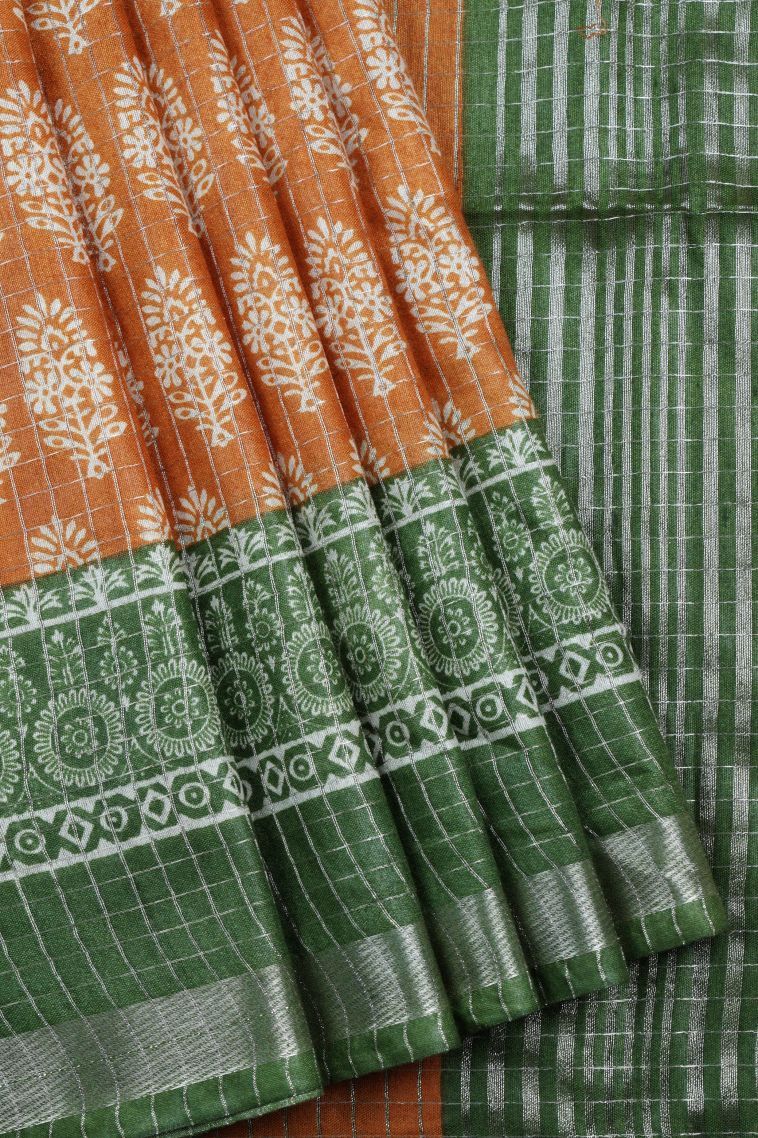 Apricot Orange Chanderi Cotton Sarees with Without Zari Zari Floral Patterns view 1