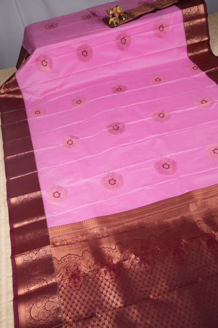 Rouge Pink Visiri Madippu Silk Sarees with Copper Zari Stripes view 2