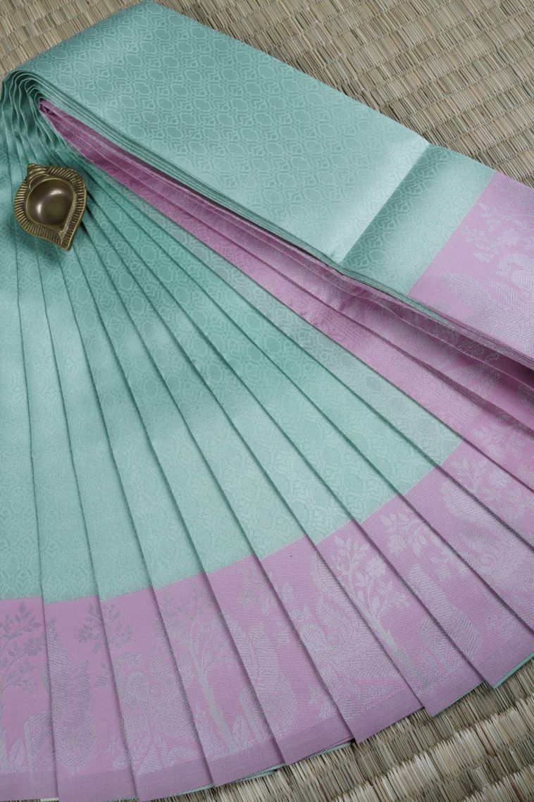 Arctic Blue Visiri Madippu Silk Sarees with Silver Zari Floral Patterns view 1