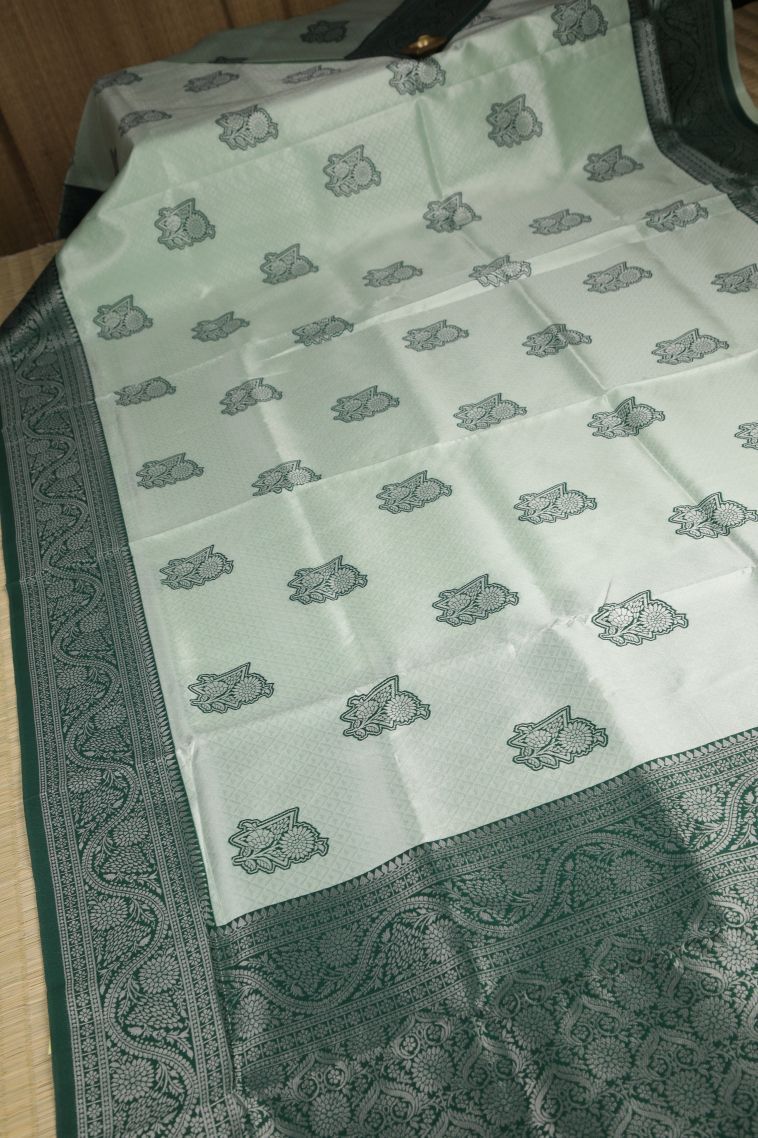 Pistachio Green Apoorva Silk Sarees with Silver Zari Floral Patterns view 2