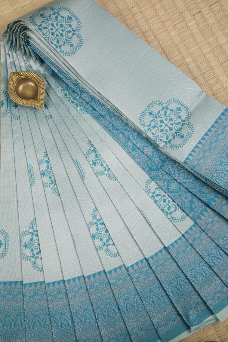 Sky Blue Visiri Madippu Silk Sarees with Silver Zari Floral Patterns view 1