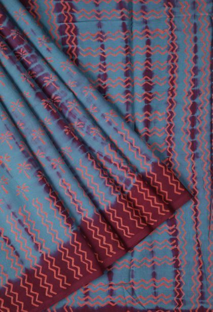 Cerulean Blue Cotton Sarees with Without Zari Zari Floral Patterns