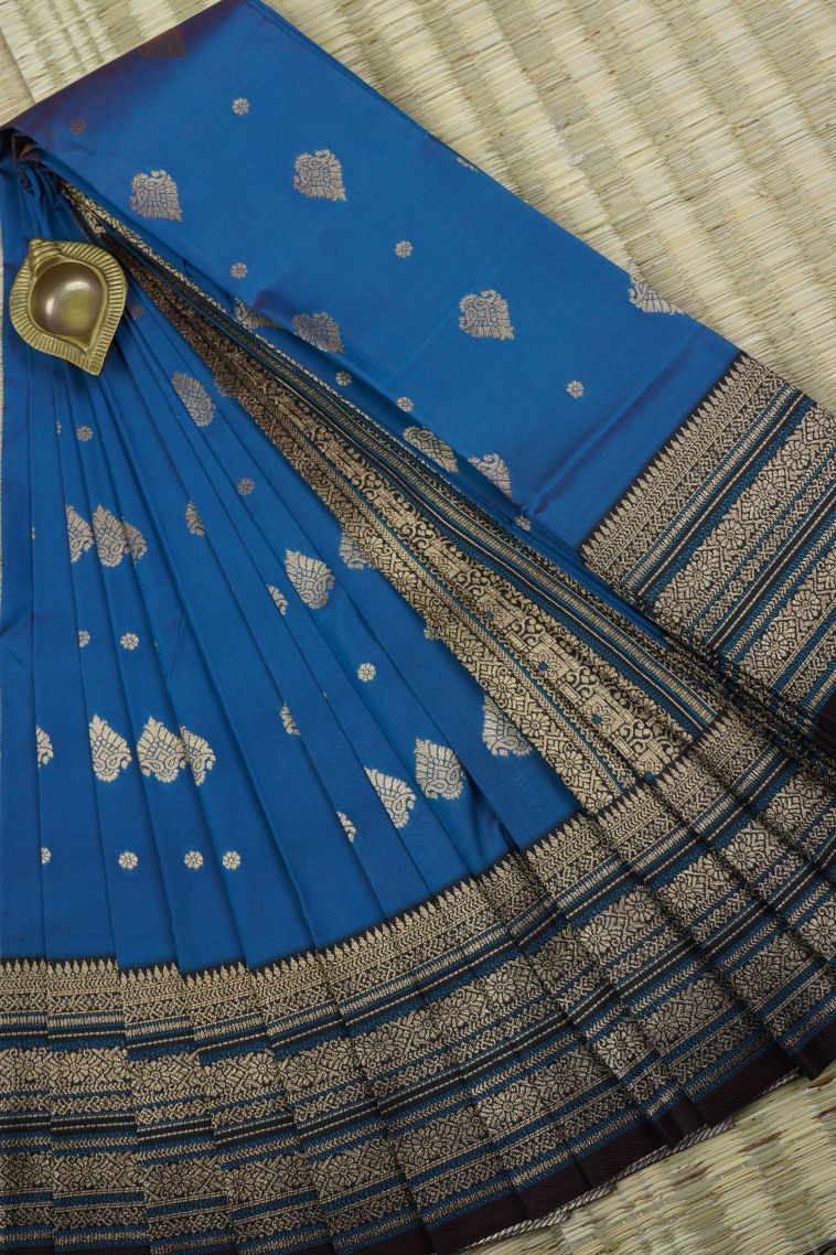 Cobalt Blue Visiri Madippu Silk Sarees with Gold Zari Buttis (small Dots Or Motifs) view 1