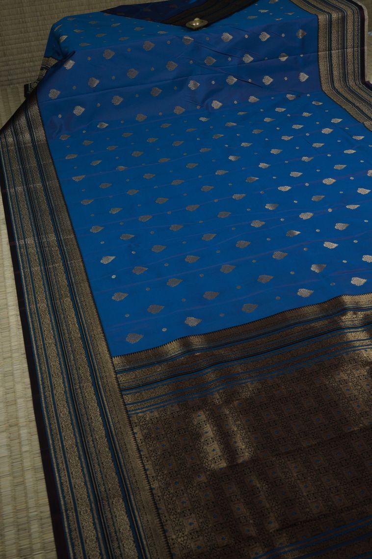 Cobalt Blue Visiri Madippu Silk Sarees with Gold Zari Buttis (small Dots Or Motifs) view 2