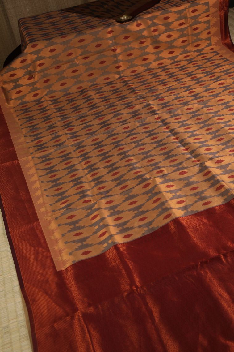 Slate Blue Apoorva Silk Sarees with Copper Zari Geometric Shapes view 2