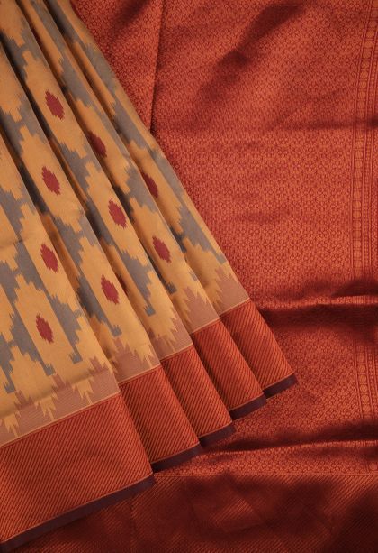 Slate Blue Apoorva Silk Sarees with Copper Zari Geometric Shapes
