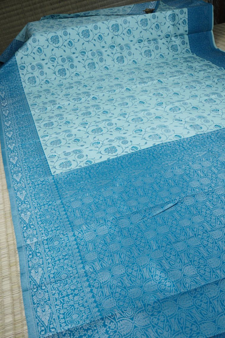 Sky Blue Visiri Madippu Silk Sarees with Silver Zari Floral Patterns view 2