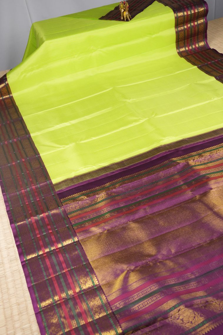Chartreuse Green Kanchipuram Silk Sarees with Gold Zari Checks view 2