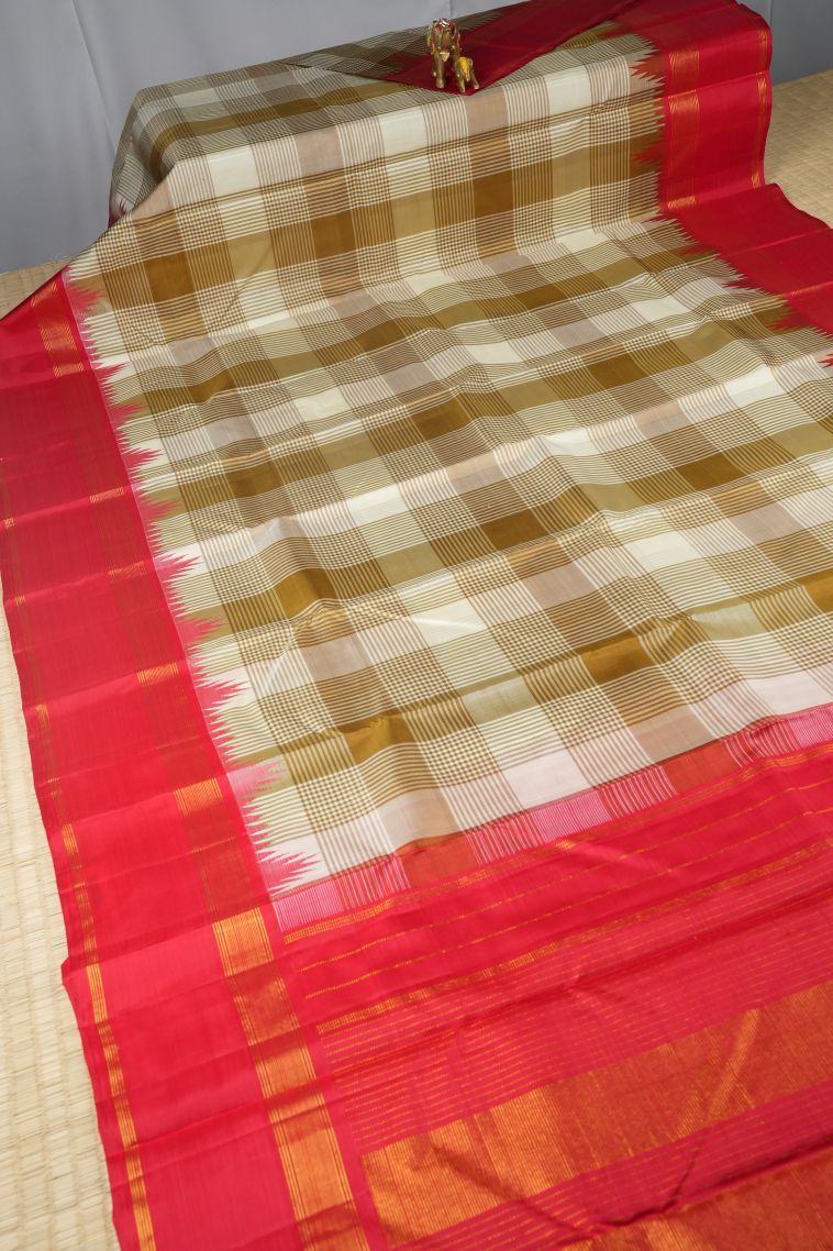 Cream White Kanchipuram Silk Sarees with Gold Zari Checks view 2
