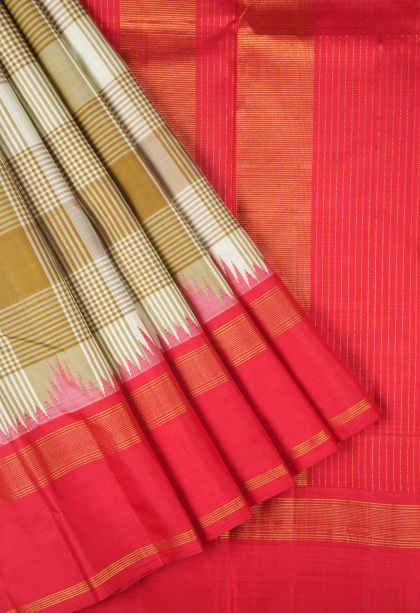 Cream White Kanchipuram Silk Sarees with Gold Zari Checks