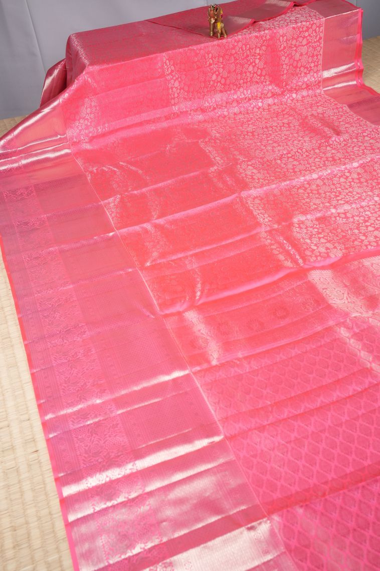 Rose Pink Kanchipuram Silk Sarees with Silver Zari Floral Patterns view 2