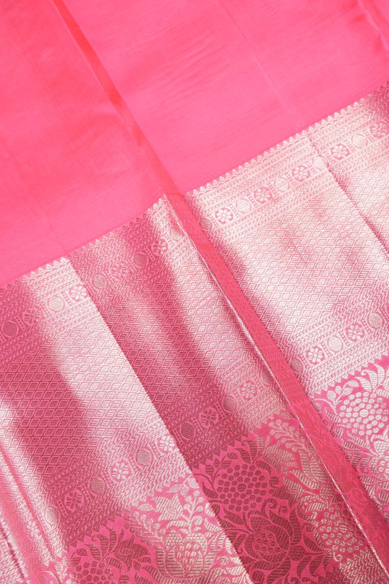 Rose Pink Kanchipuram Silk Sarees with Silver Zari Floral Patterns view 3