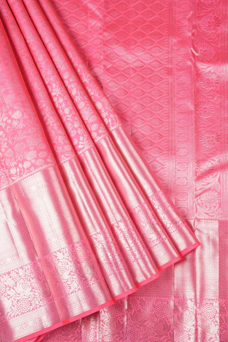 Rose Pink Kanchipuram Silk Sarees with Silver Zari Floral Patterns view 1