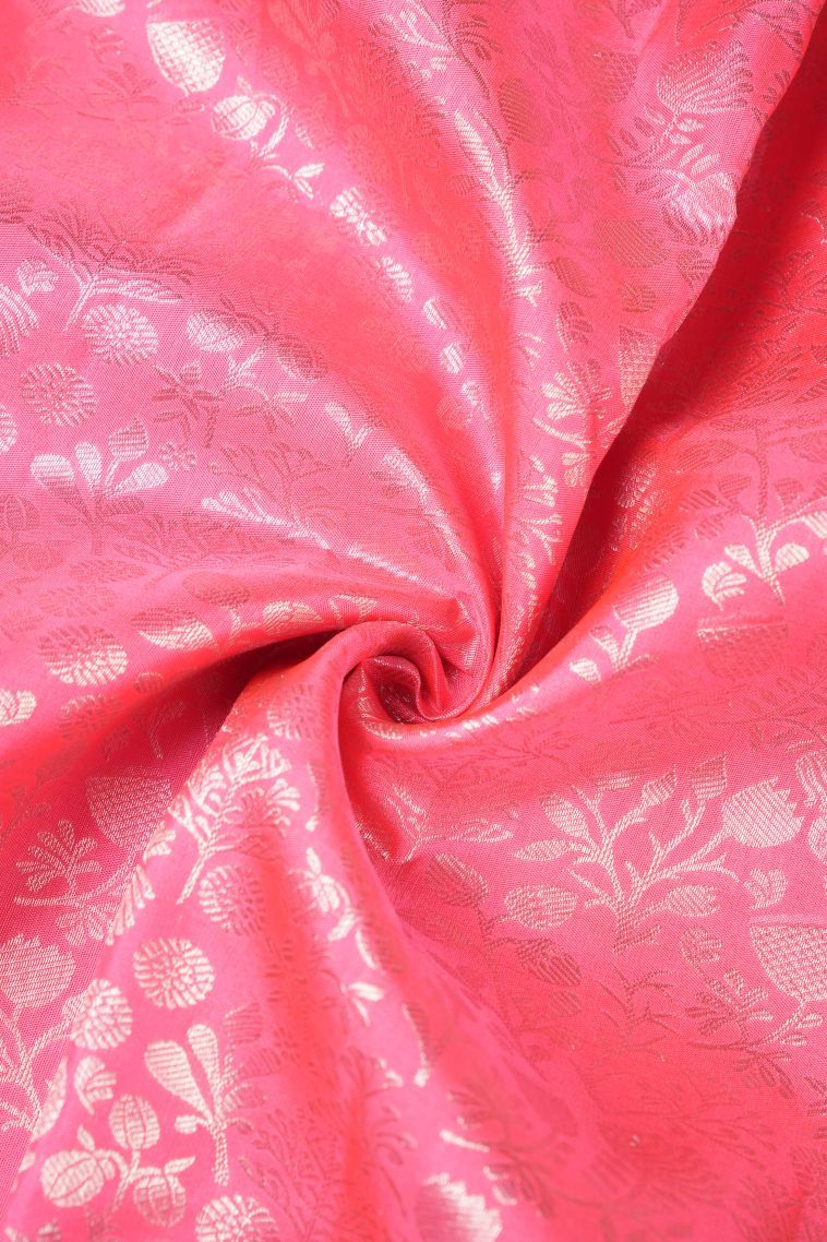 Rose Pink Kanchipuram Silk Sarees with Silver Zari Floral Patterns view 4