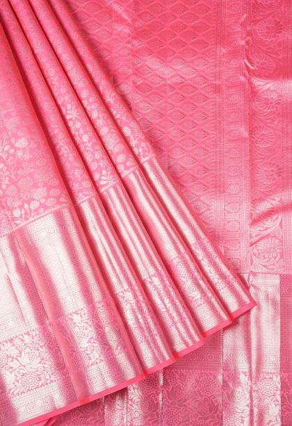 Rose Pink Kanchipuram Silk Sarees with Silver Zari Floral Patterns