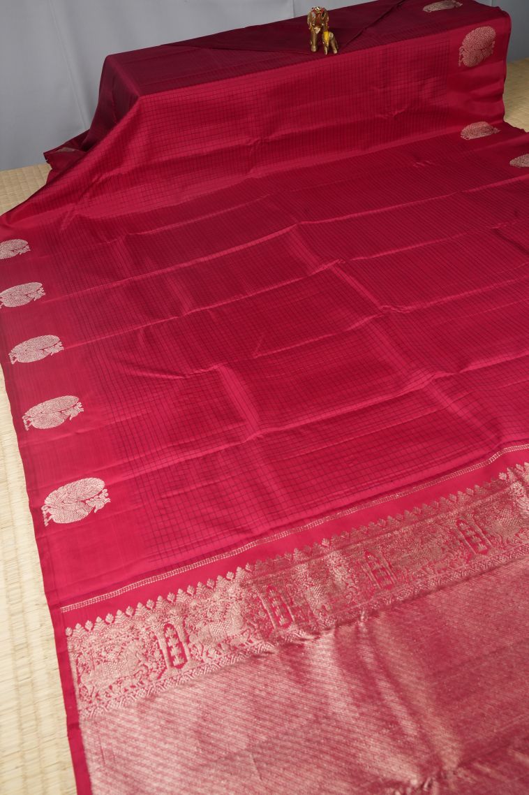 Crimson Red Kanchipuram Silk Sarees with Gold Zari Checks view 2