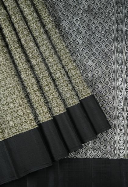 Moccon Green Kanchipuram Silk Sarees with Silver Zari Floral Patterns