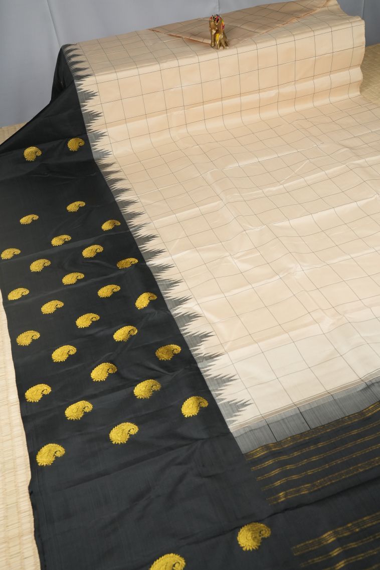 Chiffon White Kanchipuram Silk Sarees with Without Zari Zari Checks view 2