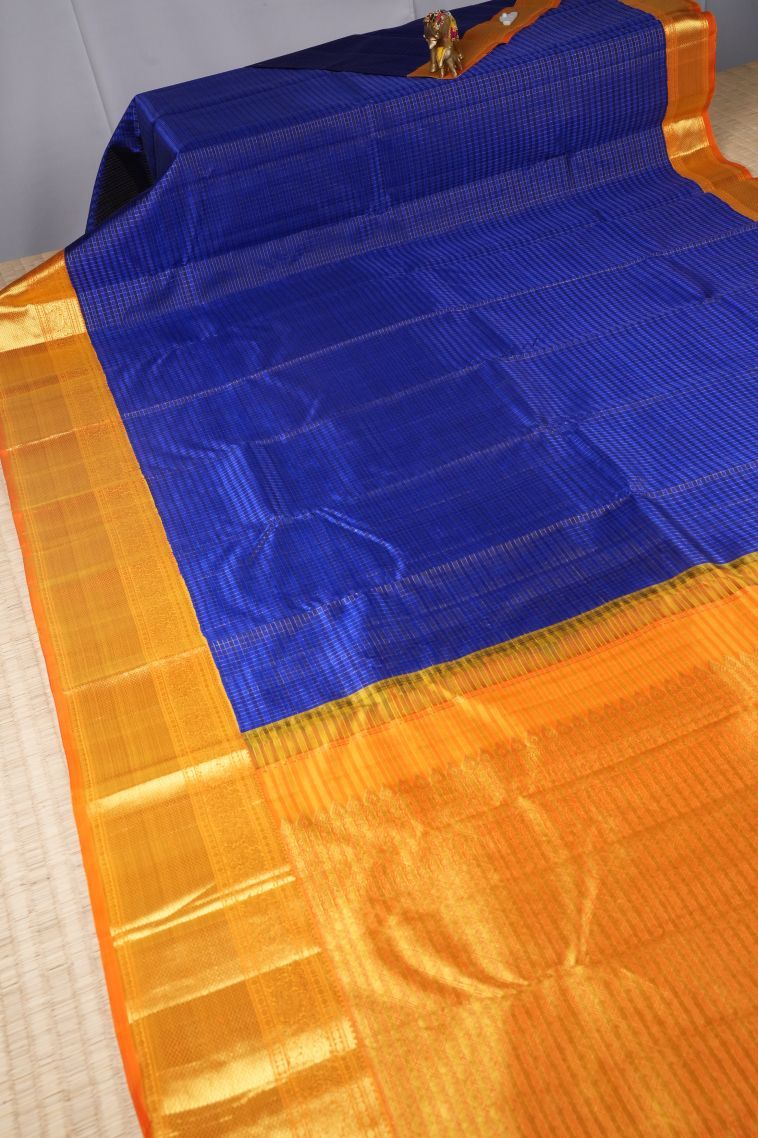 Azure Blue Kanchipuram Silk Sarees with Gold Zari Checks view 2