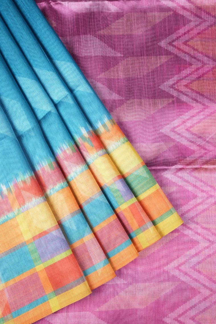 Cerulean Blue Tussar Saree with Without Zari Zari Buttis (small Dots Or Motifs) view 1