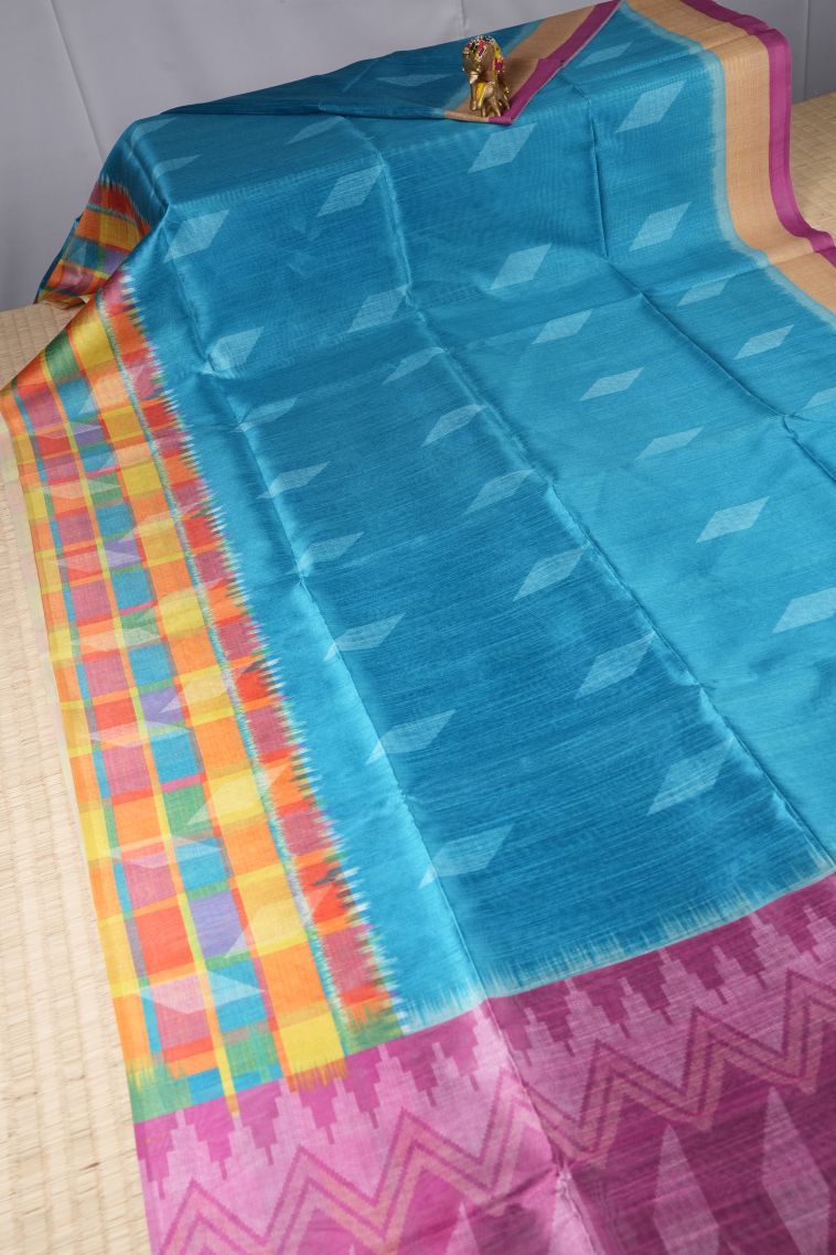 Cerulean Blue Tussar Saree with Without Zari Zari Buttis (small Dots Or Motifs) view 2