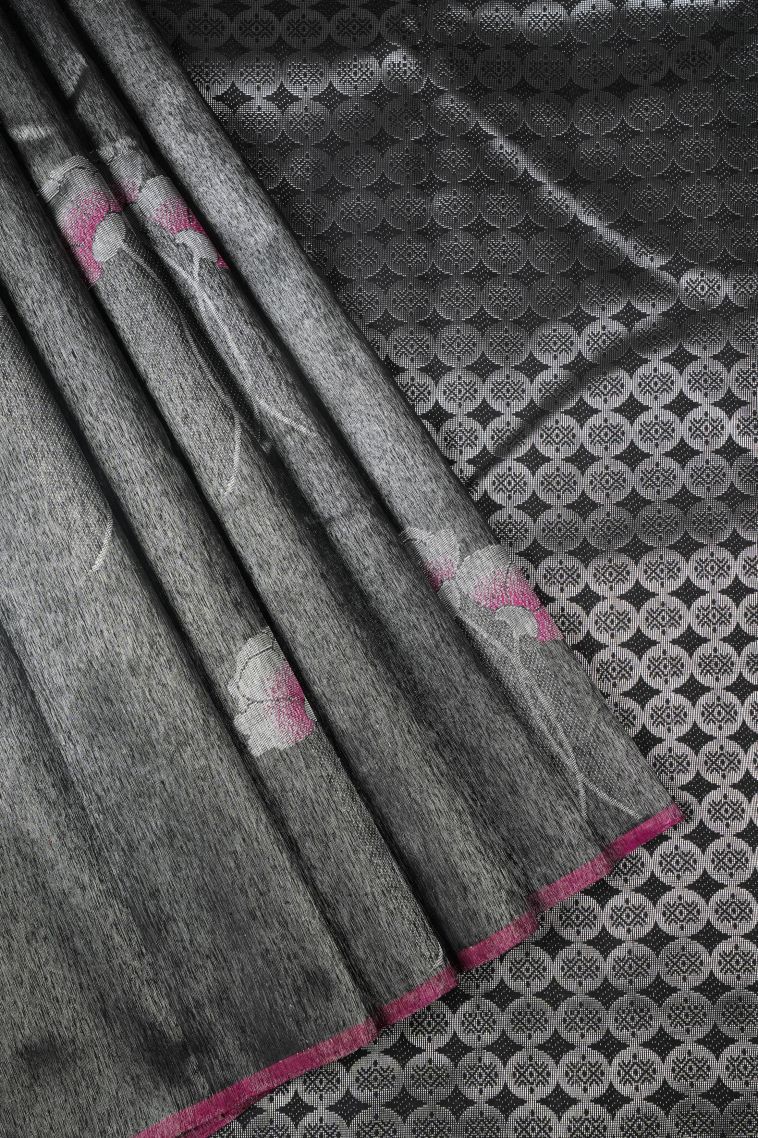 Rock Black Kanchipuram Silk Sarees with Silver Zari Buttis (small Dots Or Motifs) view 1