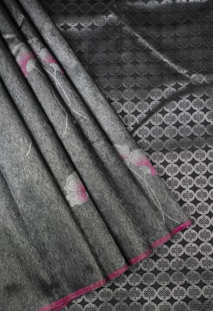 Rock Black Kanchipuram Silk Sarees with Silver Zari Buttis (small Dots Or Motifs)