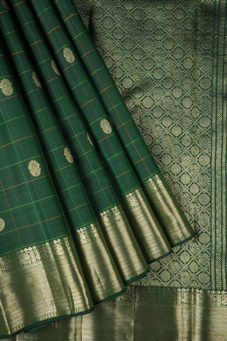 Basil Green Kanchipuram Silk Sarees with Gold Zari Checks view 1