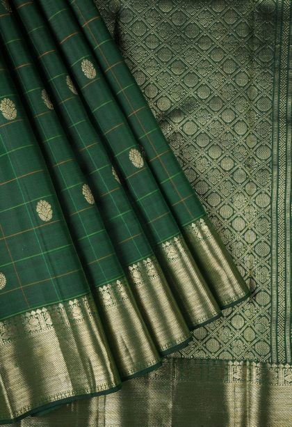 Basil Green Kanchipuram Silk Sarees with Gold Zari Checks