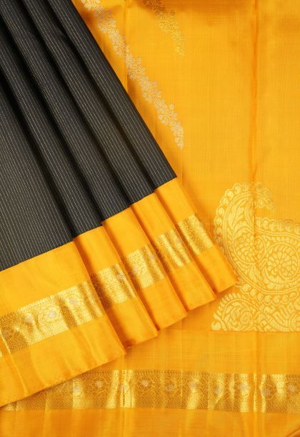 Rock Black Kanchipuram Silk Sarees with Gold Zari Stripes