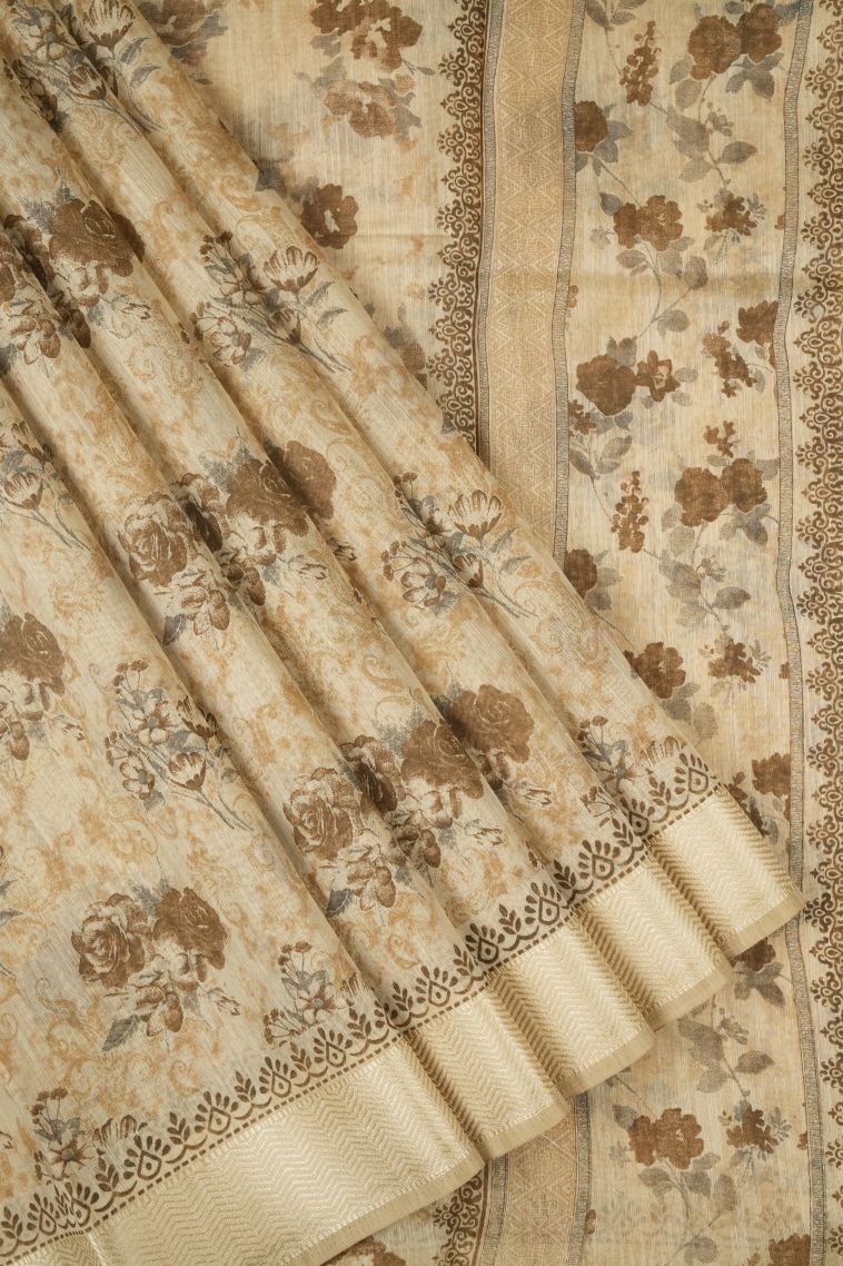 Cream White Chanderi Cotton Sarees with Without Zari Zari Floral Patterns view 1