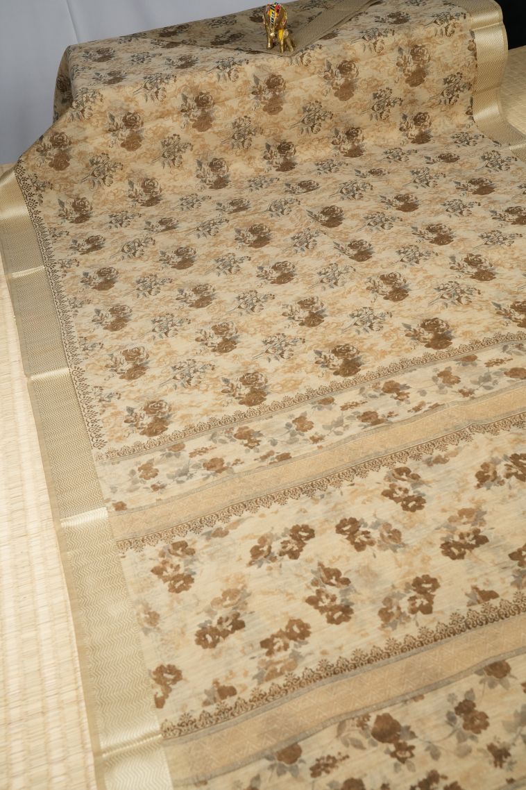 Cream White Chanderi Cotton Sarees with Without Zari Zari Floral Patterns view 2