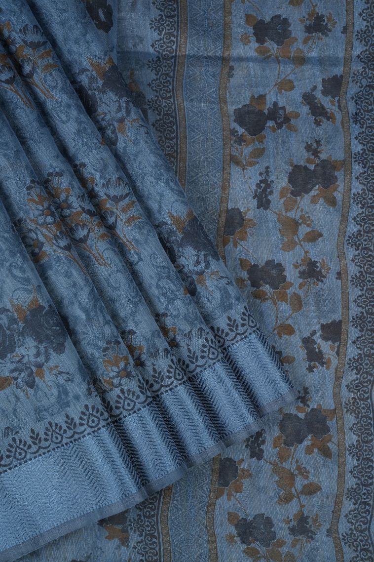 Daffane Blue Chanderi Cotton Sarees with Without Zari Zari Floral Patterns view 1