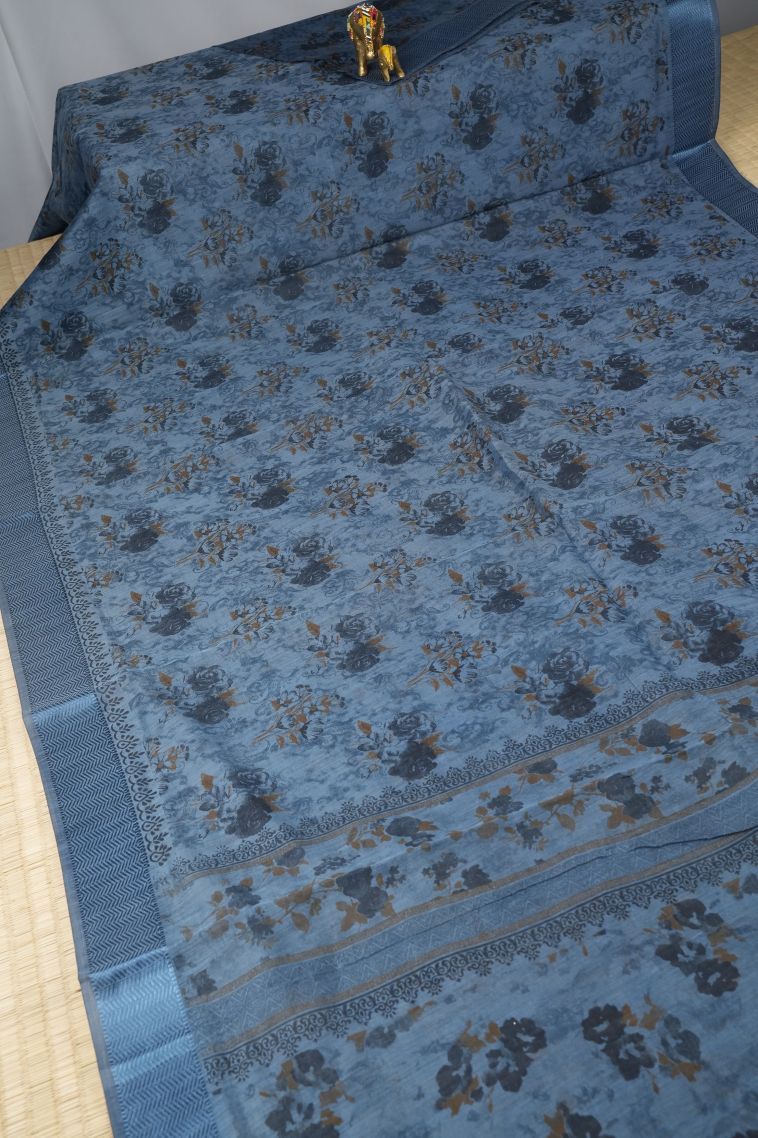 Daffane Blue Chanderi Cotton Sarees with Without Zari Zari Floral Patterns view 2
