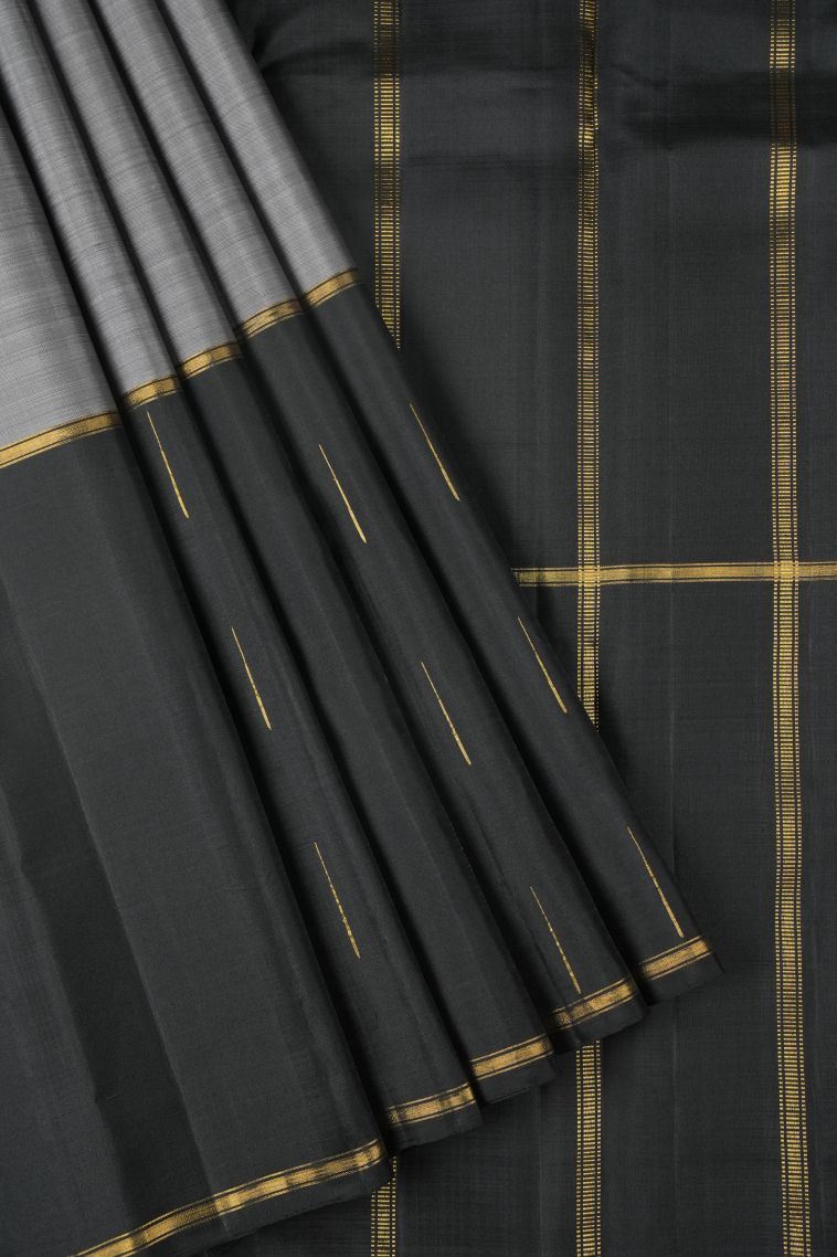 Granite Black Kanchipuram Silk Sarees with Gold Zari Plain view 1