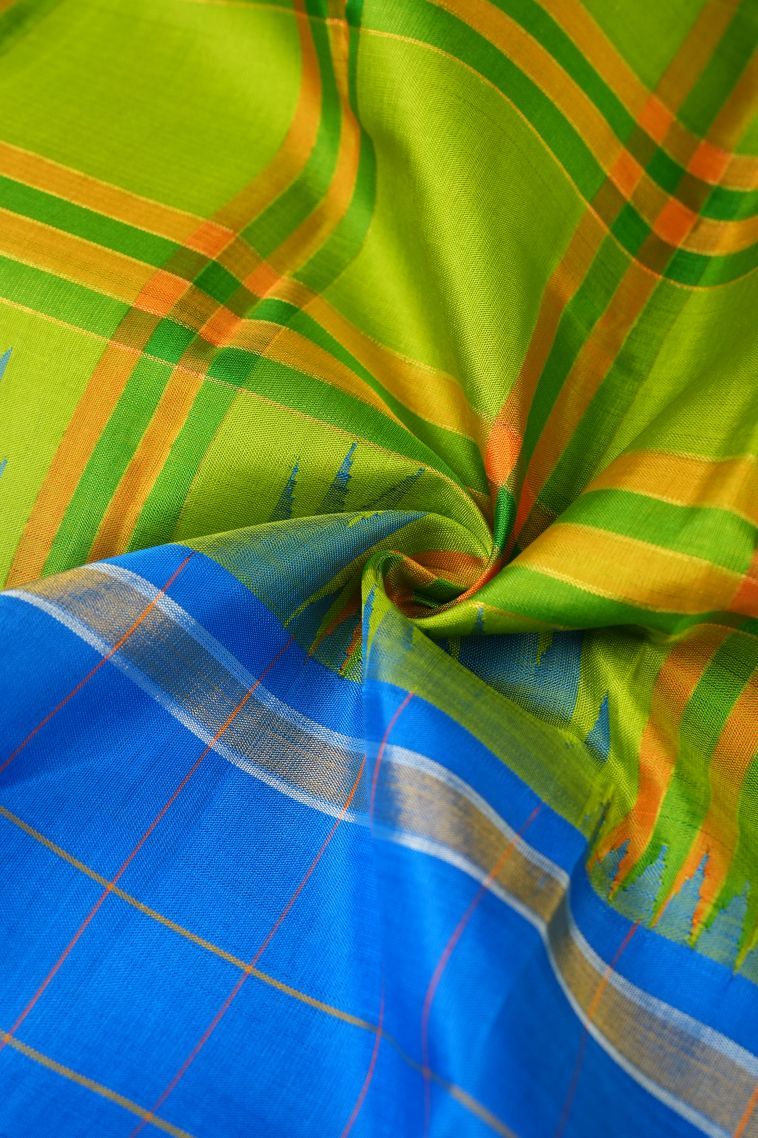 Lime Green Kanchipuram Silk Sarees with Without Zari Zari Checks view 4