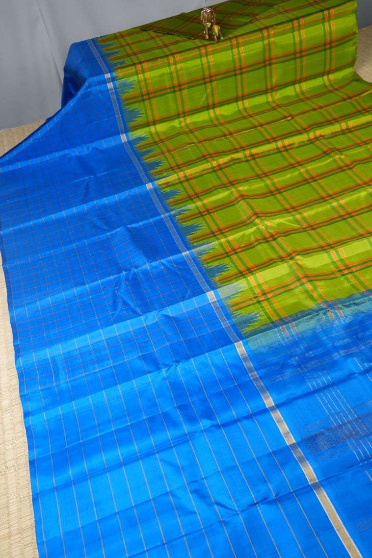 Lime Green Kanchipuram Silk Sarees with Without Zari Zari Checks view 2