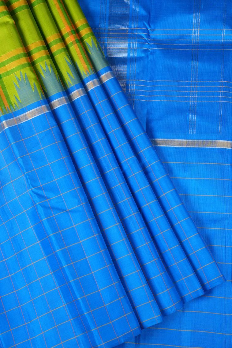 Lime Green Kanchipuram Silk Sarees with Without Zari Zari Checks view 1