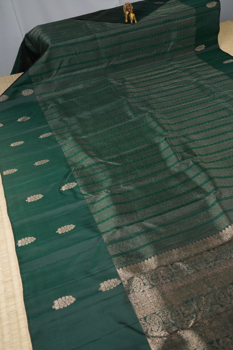 Basil Green Kanchipuram Silk Sarees with Gold Zari Stripes view 2