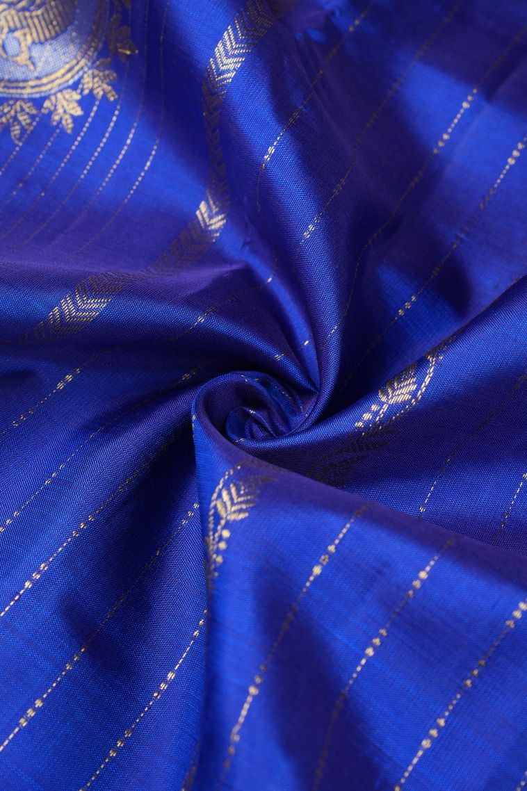 Azure Blue Kanchipuram Silk Sarees with Gold And Silver Zari Peacock Motifs view 4