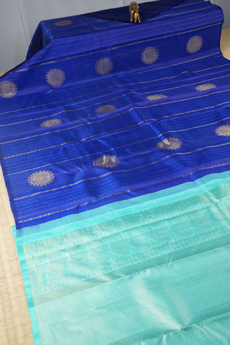 Azure Blue Kanchipuram Silk Sarees with Gold And Silver Zari Peacock Motifs view 2